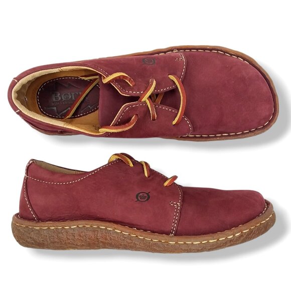 Born Hickory Lace Up Shoes Nubuck Leather Size 7.5M Wine Red Whimsical Folk Fun - Picture 1 of 11